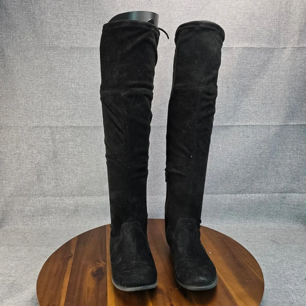 Black Over The Knee Boots Faux Suede Side Zip Tie Back Women Size‎ 8